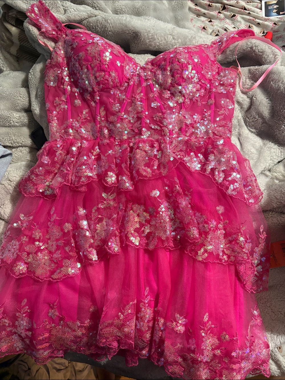 Precious Formals Hot Pink Sequin Tulle Party Dress